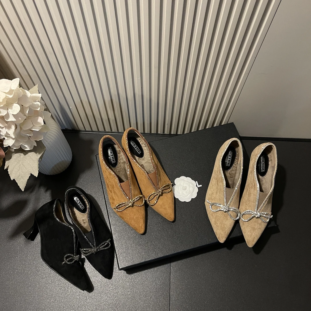 【现现】秋冬新款绝美蝴蝶结水钻加绒时尚高级感法式爆款小众高跟鞋