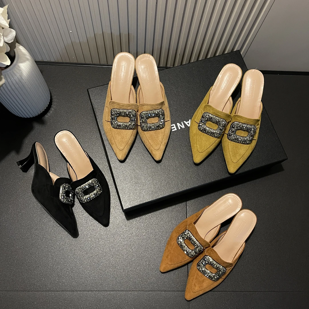 【现现】秋新款方扣水钻网红气质时尚百搭细跟法式高跟爆款尖头拖鞋