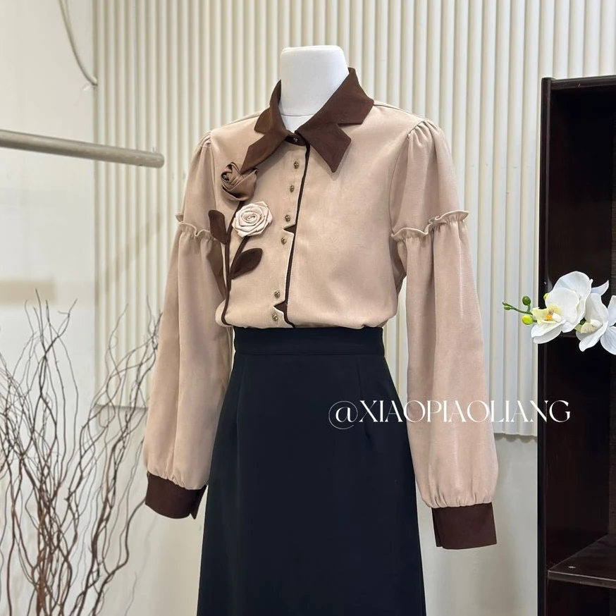 新款高级轻奢复古港风撞色立体花朵设计女百搭长袖衬衣3458#0.1