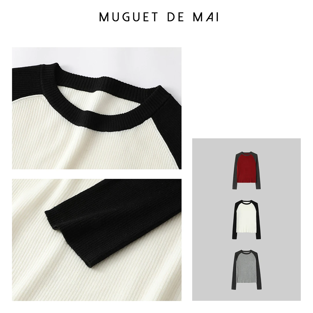 【MGDM】圆领撞色插肩袖坑条毛衫 24年秋冬新款女 JNW24211FW