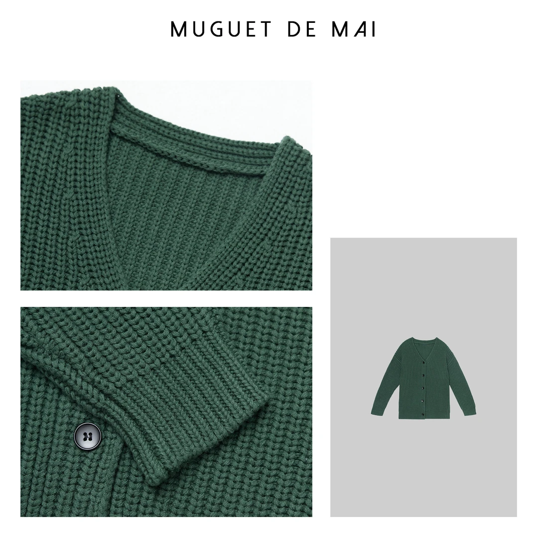 【MGDM】高克重加厚时尚别致绿色开衫毛衣女2025春SN240018