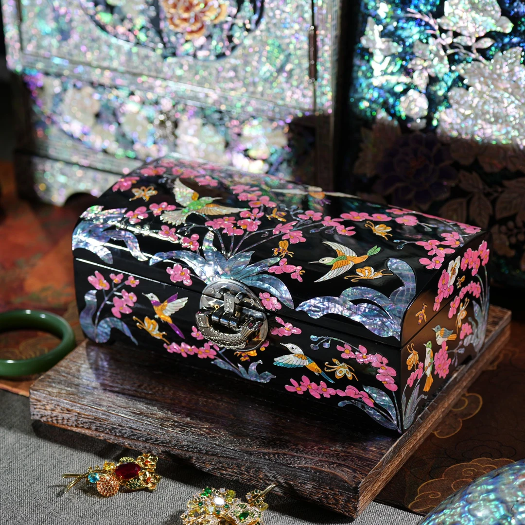 夜莺与花枕头款螺钿漆器首饰盒高档实木结婚礼物新婚陪嫁礼品收纳