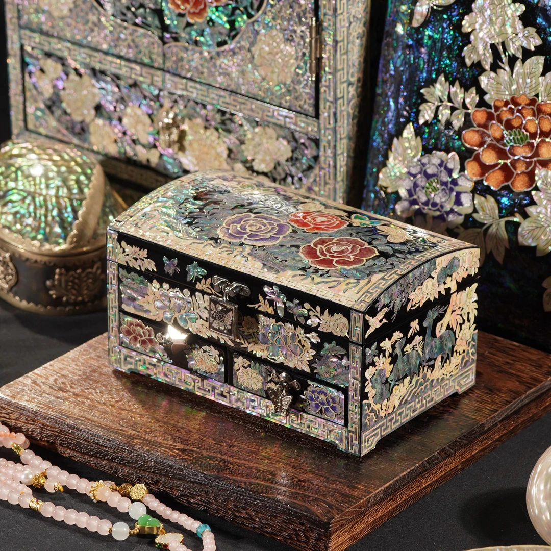 刺绣牡丹螺钿漆器首饰盒高档实木结婚礼物送新人新婚陪嫁礼品收纳