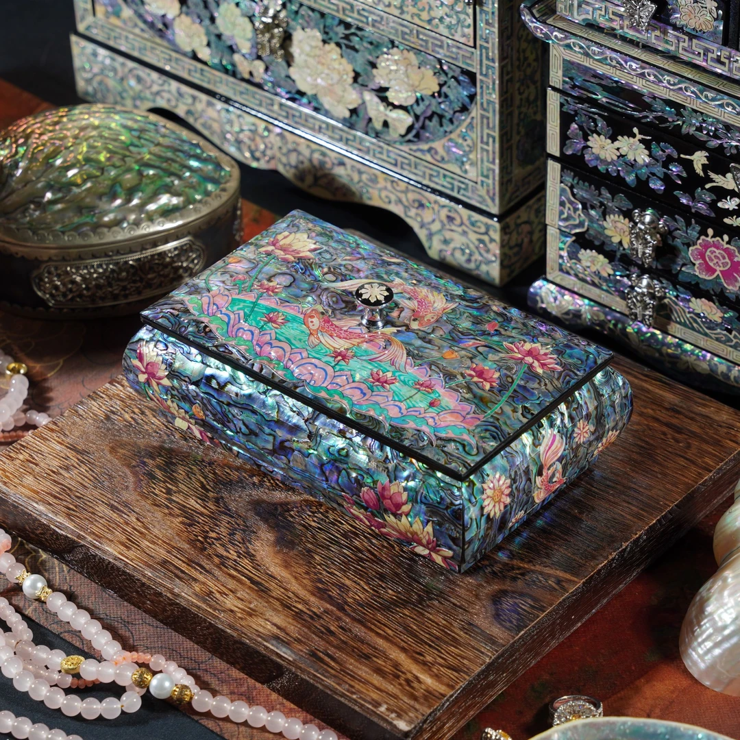 双鱼锦鲤 天地盖螺钿工艺首饰盒精致礼物首饰盒收藏摆件