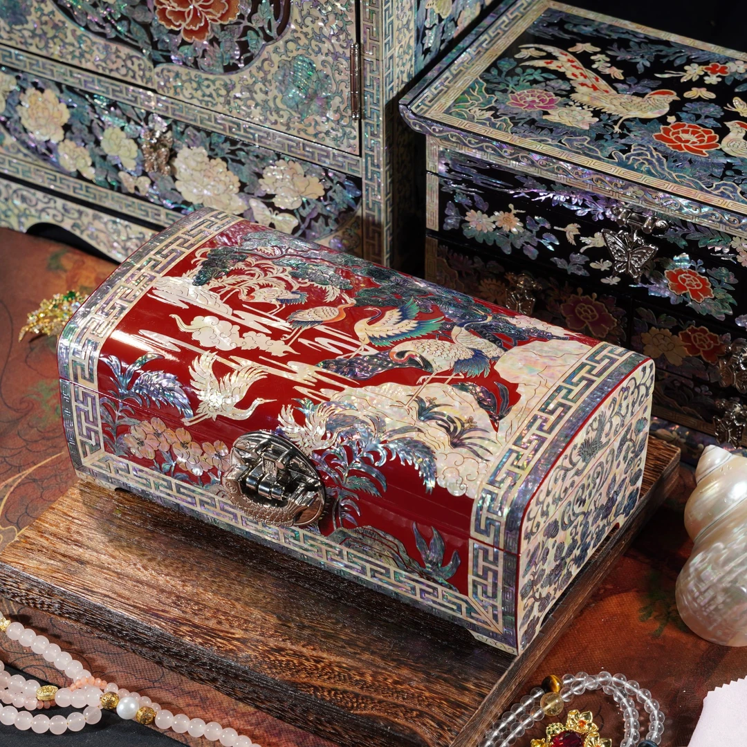 红仙鹤枕头款螺钿漆器首饰盒高档实木结婚礼物新婚陪嫁礼品收纳
