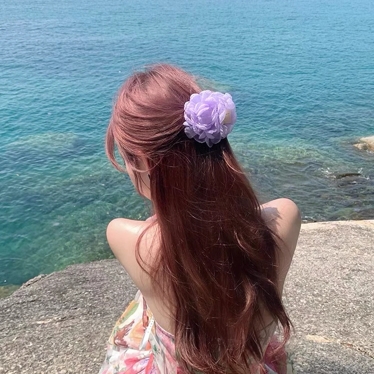 A54欧根纱立体玫瑰花抓夹女法式头花鲨鱼夹发卡丸子头头饰发夹