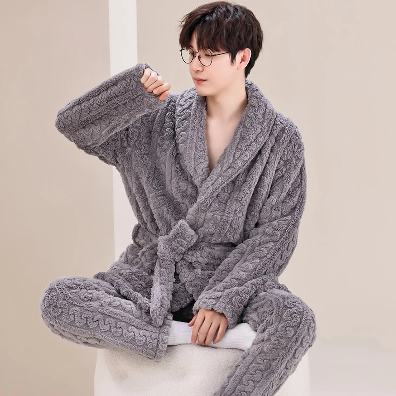 男士睡衣秋冬款加厚加绒珊瑚绒睡袍套装冬季法兰绒浴袍系带家居服