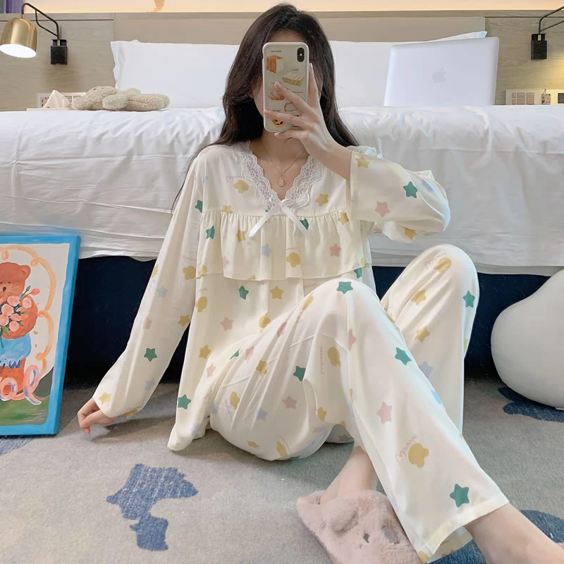 春秋款睡衣女士棉绸长袖2025年新款绵绸可外穿休闲家居服两件套装