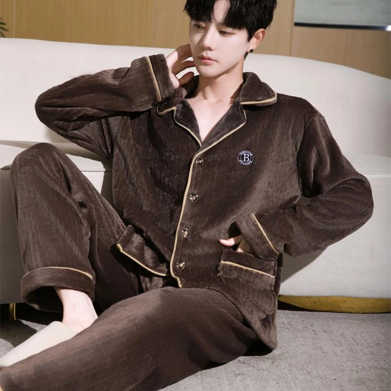 法兰绒开衫新品男士睡衣长袖保暖宽松大码珊瑚绒奢华秋冬季中青年