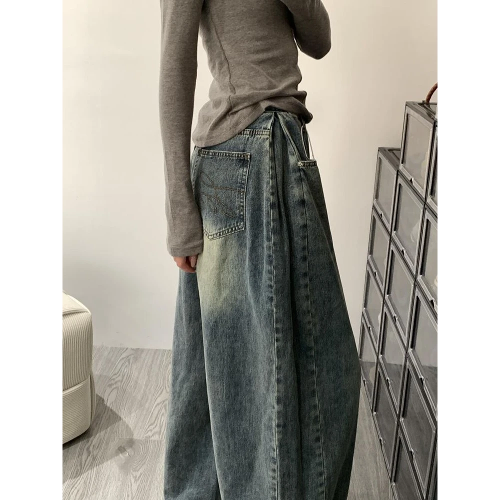 美式复古设计感高腰阔腿牛仔裤女秋冬垂坠感宽松休闲百搭直筒裤子