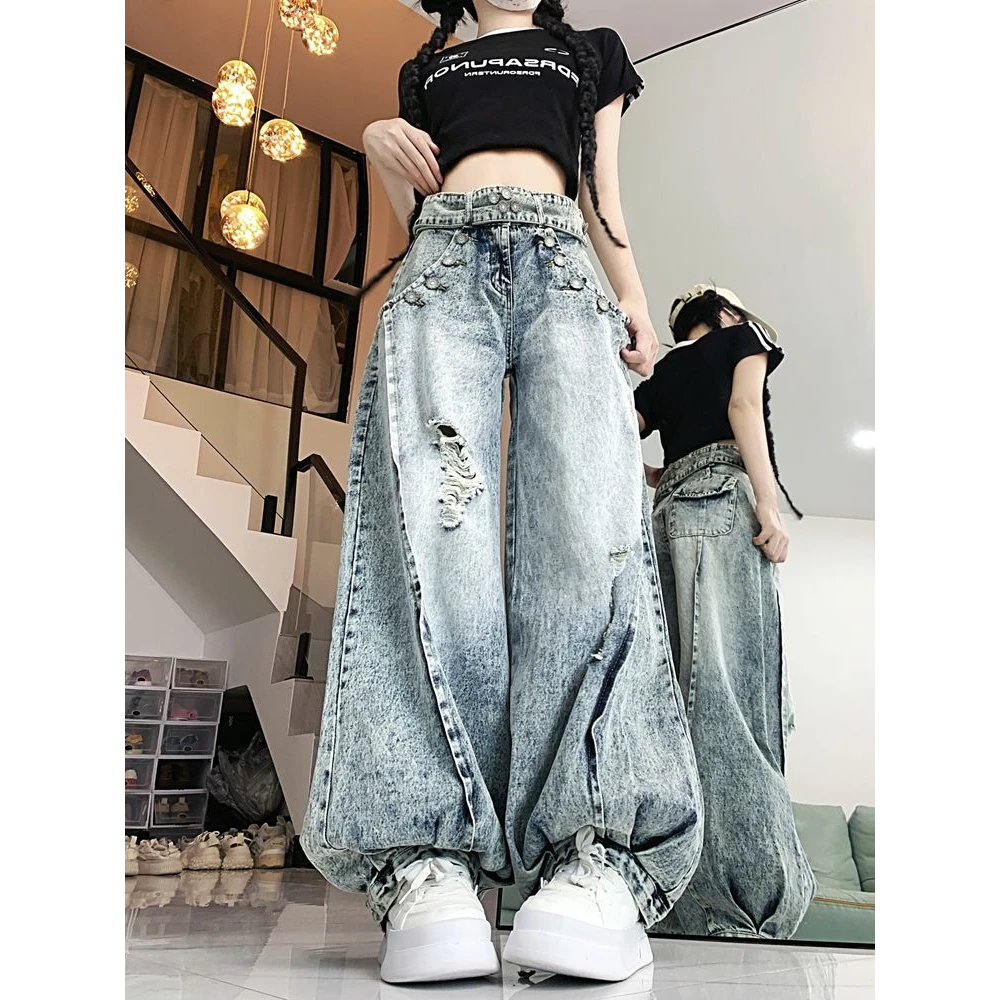 美式重工设计感灯笼裤女垂坠感春秋ins潮宽松显瘦破洞阔腿牛仔裤