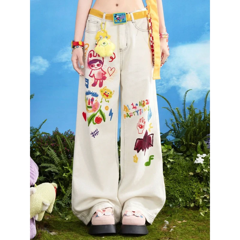 白色阔腿牛仔裤女夏季小众设计感卡通印花高腰宽松显瘦直筒拖地裤
