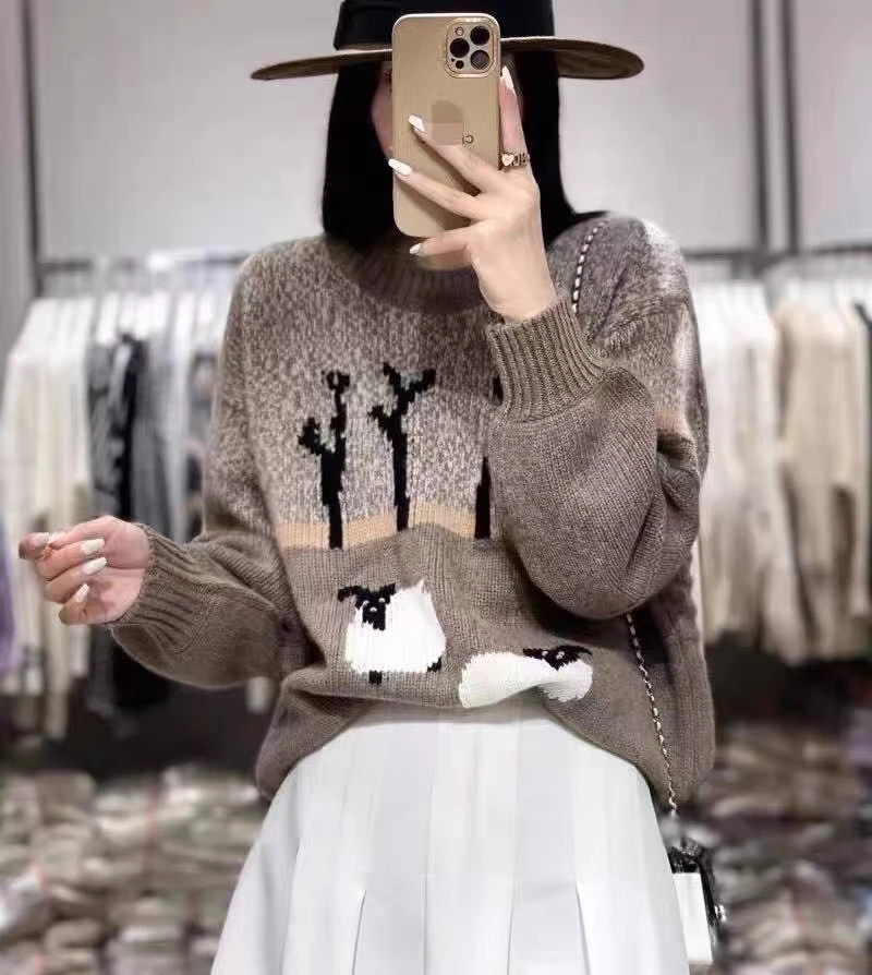 秋冬加厚 纯山羊绒加厚手工小羊圆领宽松百搭套头针织提花毛衣