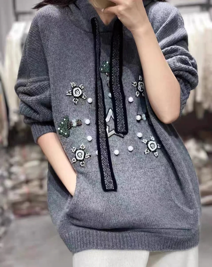 秋冬加厚 女士纯山羊绒 手工钉珠 休闲宽松百搭针织连帽套头衫