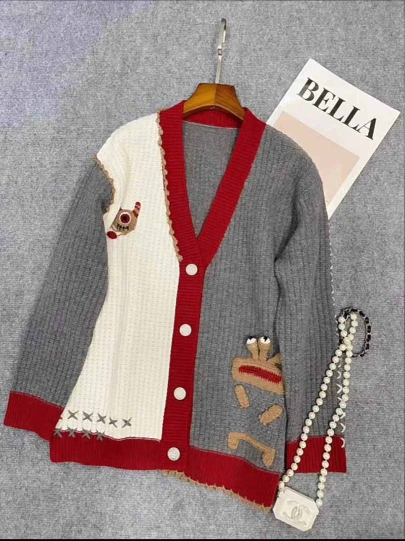 秋冬款 女士加厚V领手工 拼色宽松时尚开衫外套撞色休闲