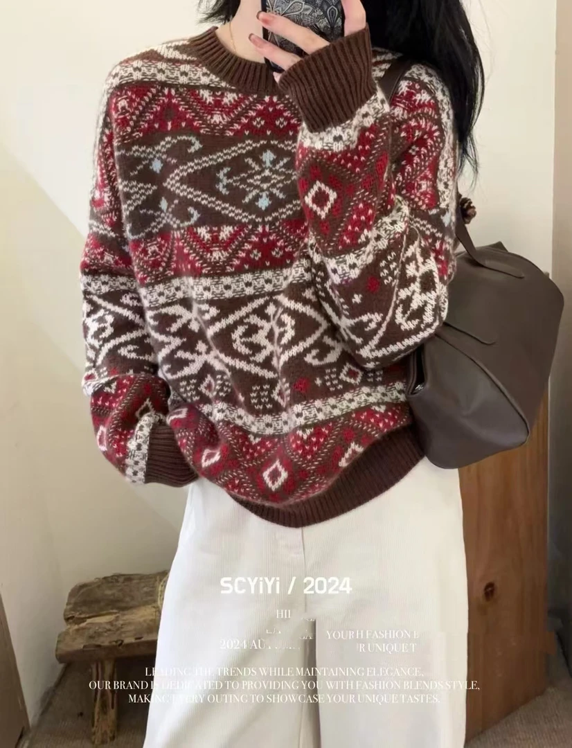 新品～100纯山羊绒衫复古提花宽松套头毛衣