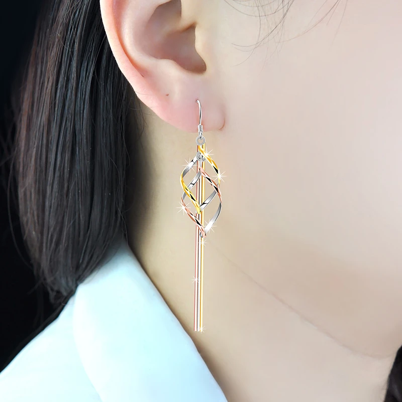 925银耳饰 纯银镀18k彩金流苏耳坠女气质长款彩银耳环送女友礼物