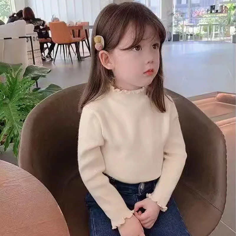 女童保暖打底衫秋冬季新款长袖德绒T恤中小童半高领花边上衣潮