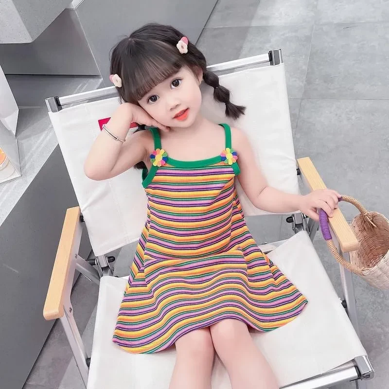 女童吊带连衣裙2023新款洋气儿童条纹背心裙小童宝宝夏装公主裙子