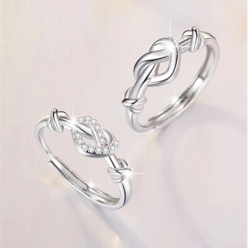 足银戒指 足银合成锆石戒指 纯银双生爱心戒指小众设计精致可调节