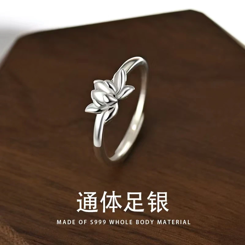 足银戒指 足银莲花开口式复古立体荷花指戒小众设计02