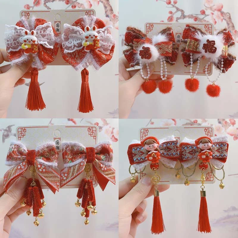秋冬季新款毛球儿童古风发夹宝宝发卡中国风红色女童发饰头饰国潮