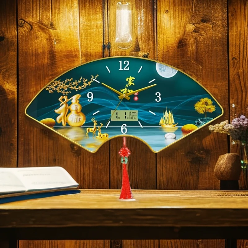 扇形中国风壁挂钟福禄家和万事兴万年历挂钟客厅静音挂钟温度显示