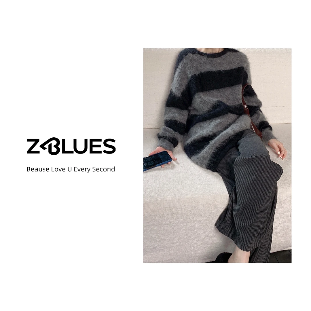 Z.blues【水墨青花】超细BABY马海毛拉毛条纹套头宽松毛衣YZQSHA517