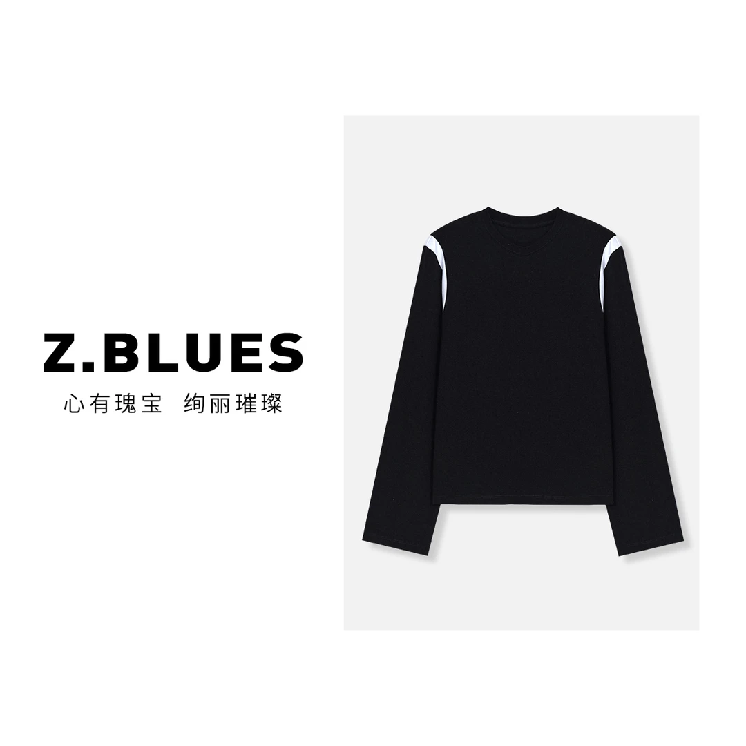 Z.blues【山月】黑白条纹撞色肩拼接圆领打底衫长袖T恤女YZQSH4457
