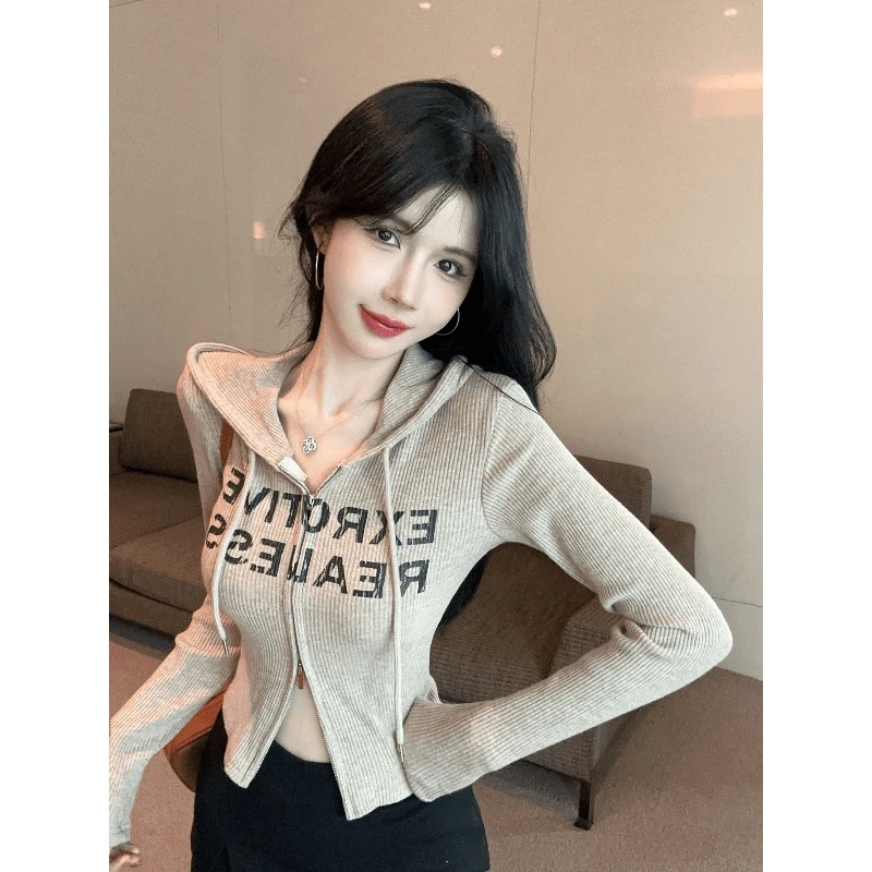 设计感双拉链印花长袖卫衣女休闲连帽短款上衣辣妹性感开衫外套秋