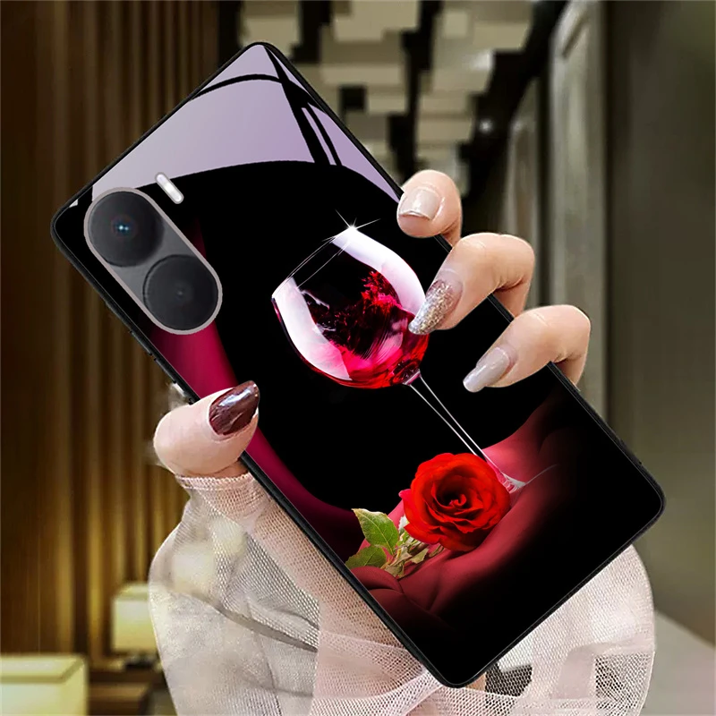 适用华为荣耀畅玩40plus手机壳女男新款钢化玻璃防摔红酒玫瑰花