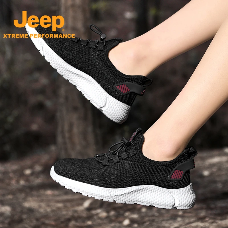 吉普春夏女款户外徒步鞋舒适中老年软底飞织老人鞋网面百搭爸爸鞋