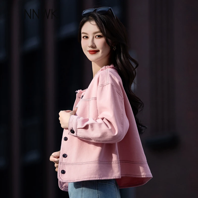 春秋季显气质粉色短款牛仔外套2025新款宽松版小香风无领长袖上衣