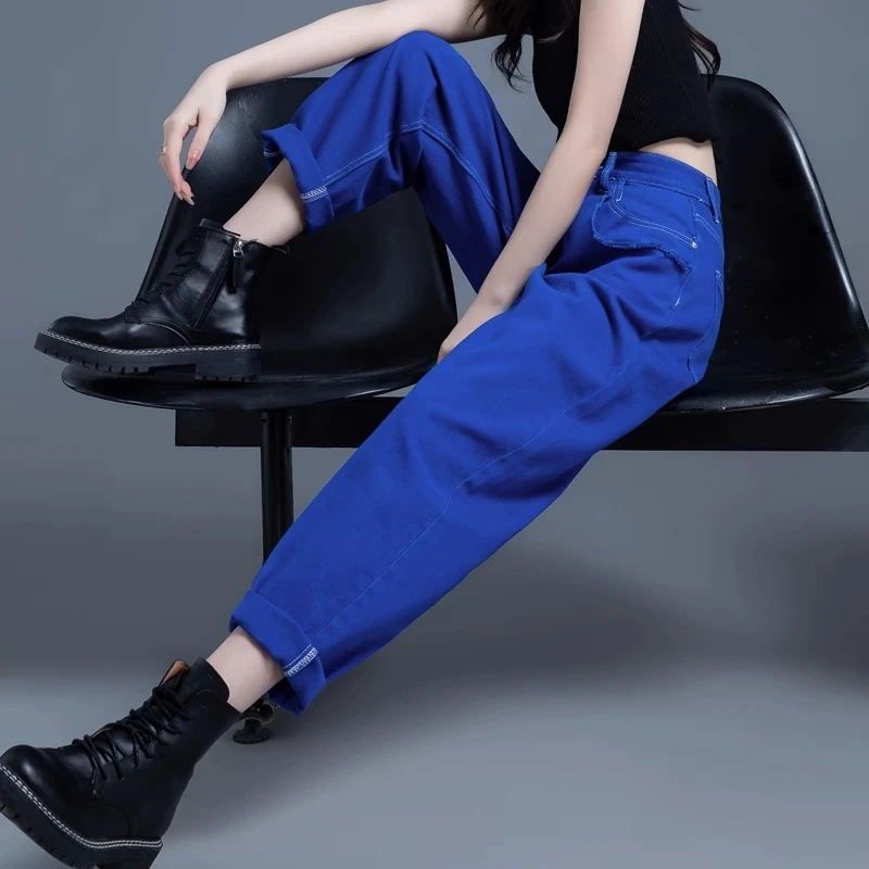 克莱因蓝色牛仔裤女2025春秋季新款哈伦萝卜休闲裤宽松阔腿直筒裤