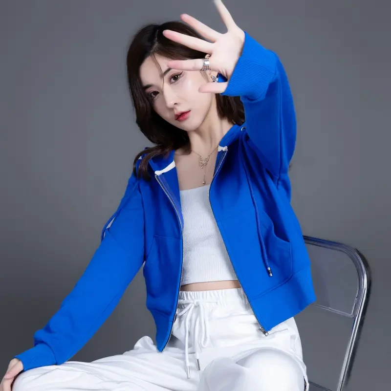 克莱因蓝色女士卫衣外套女春秋季小个子女装新款短款连帽上衣开衫