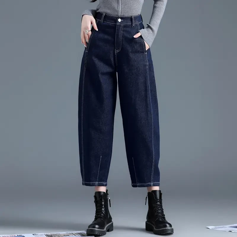 丹宁蓝高腰九分裤子加绒牛仔裤女款爆款2025新款小个子萝卜老爹裤