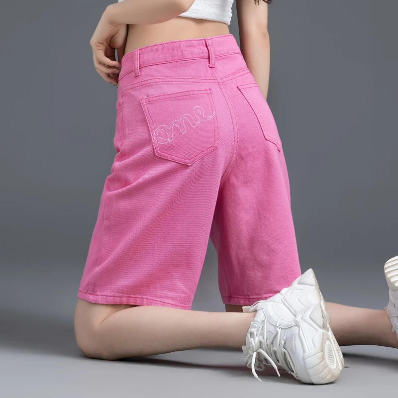 糖果色五分裤女夏季薄款高腰粉色牛仔短裤2025新款Aa字裤阔腿中裤