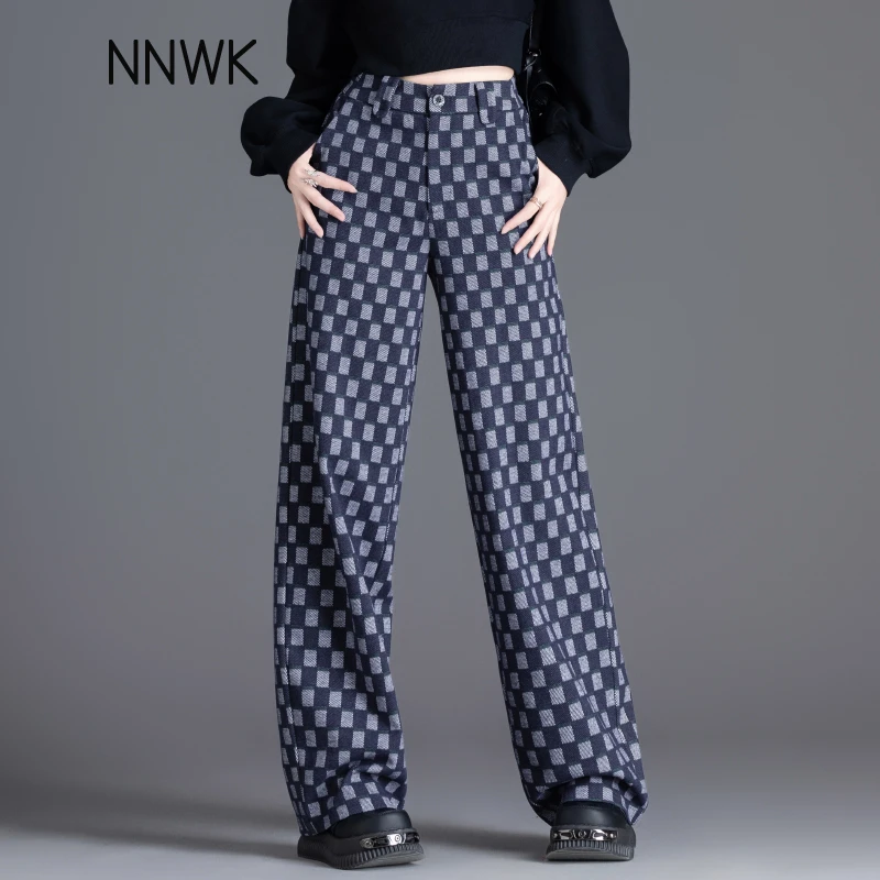 蓝色棋盘格子裤女春秋季加厚毛呢裤2025新款休闲直筒裤阔腿裤宽松
