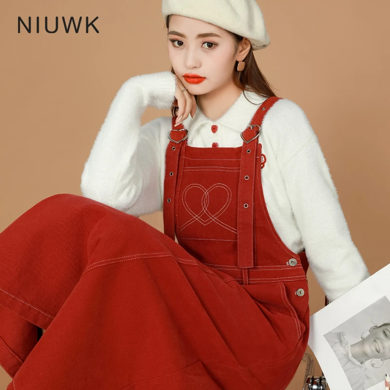 安可拉红色法式背带连衣裙2025春季新款宽松时尚复古高腰牛仔裙