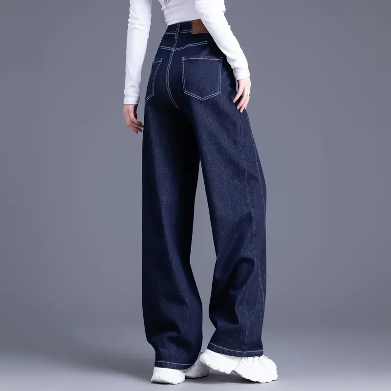 深蓝色阔腿牛仔裤女秋冬不掉色加厚加绒裤宽松高腰直筒拖地裤设计