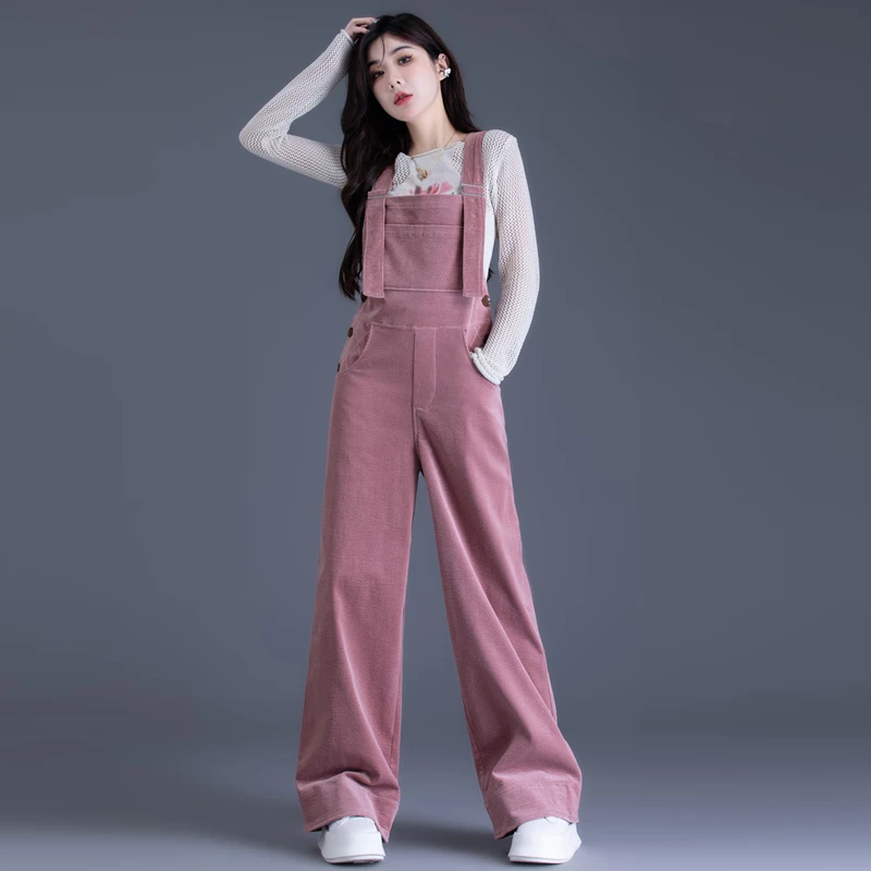 条绒背带裤女2025新款春秋小个子粉色灯芯绒裤子女休闲卷边阔腿裤