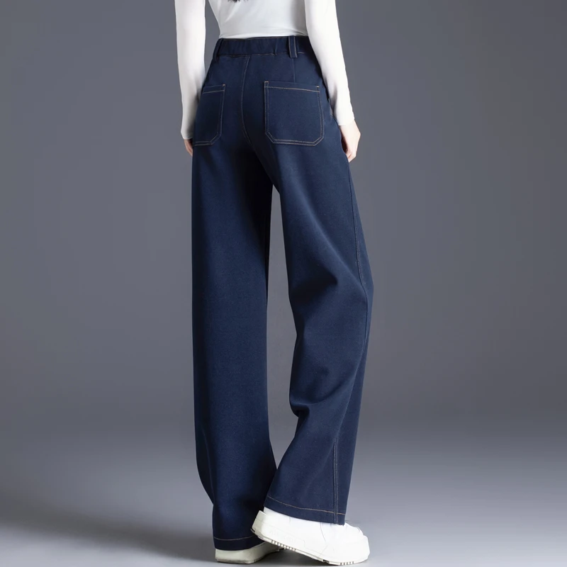 藏青色毛呢裤子女秋冬窄版加厚休闲裤阔腿裤高腰显瘦加厚直筒长裤