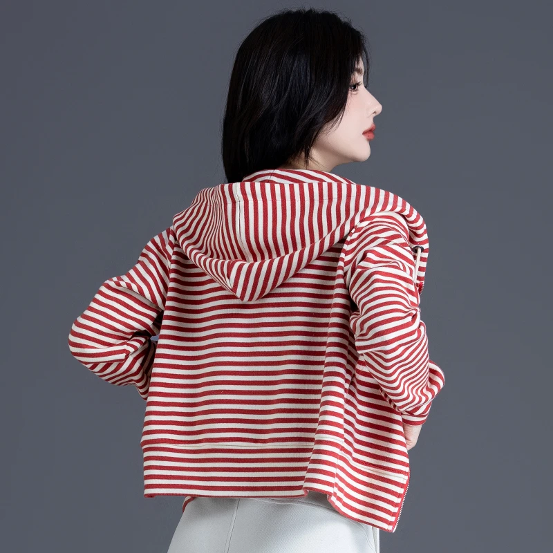 外套女款爆款2025新款春秋条纹卫衣女宽松休闲小个子连帽短款上衣
