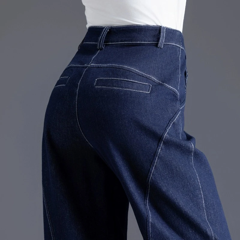 加绒牛仔裤女2024年新款秋冬季小个子裤子九分裤高腰老爹裤丹宁色