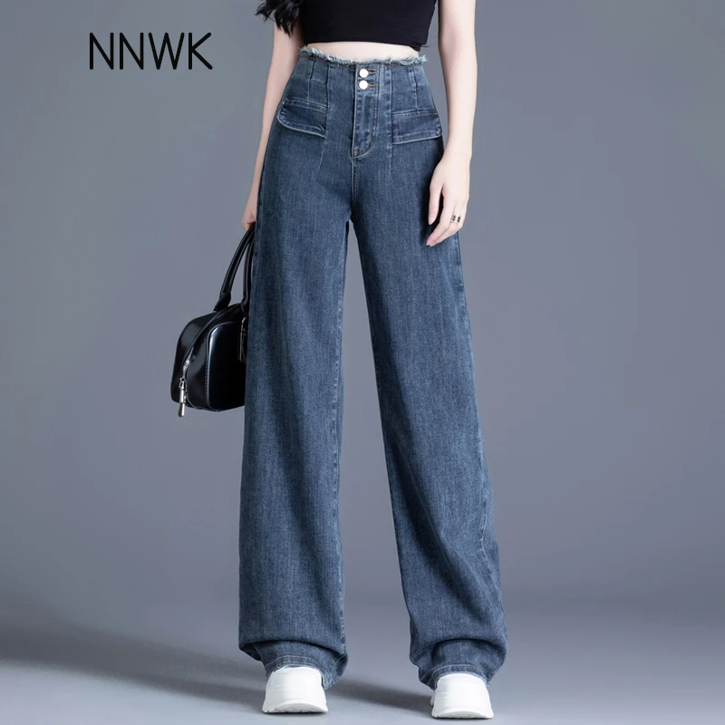 蓝灰弹力牛仔裤女流行的爆款裤子2025年春秋季窄版直筒阔腿裤女士