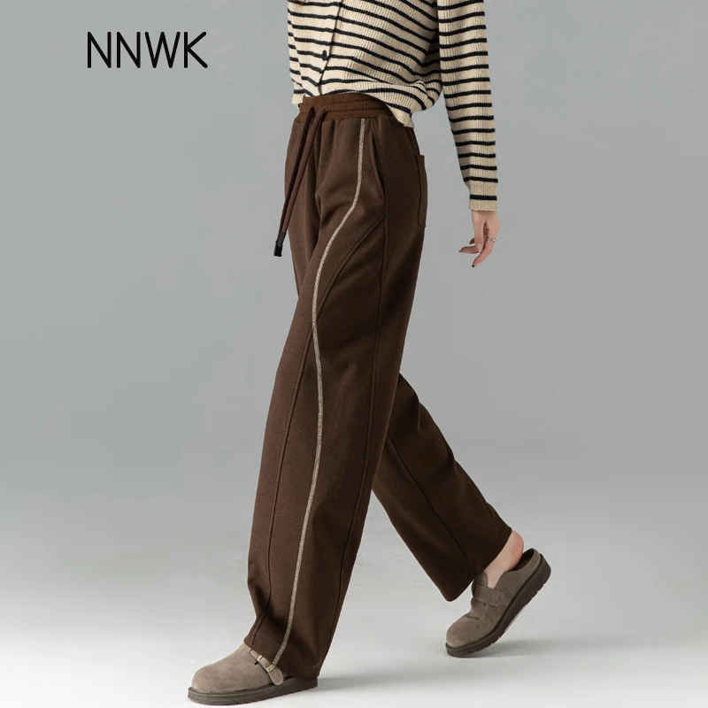 咖啡色弯刀裤弯刀运动裤春秋款复古毛呢休闲裤女哈伦百搭女款长裤