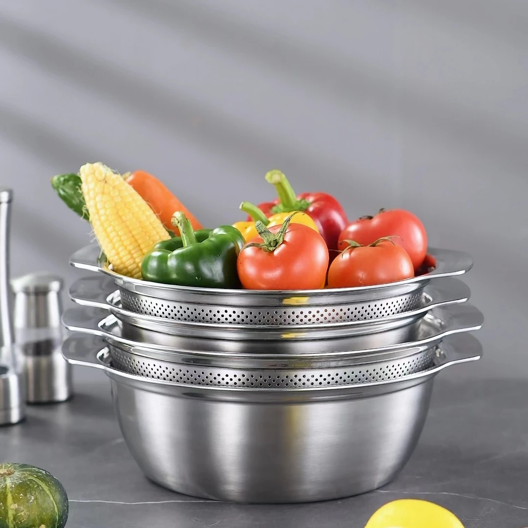 贝伦斯/BEILUNSI贝伦斯 304镜面双耳火锅盆和面盆，沥水盆两件套