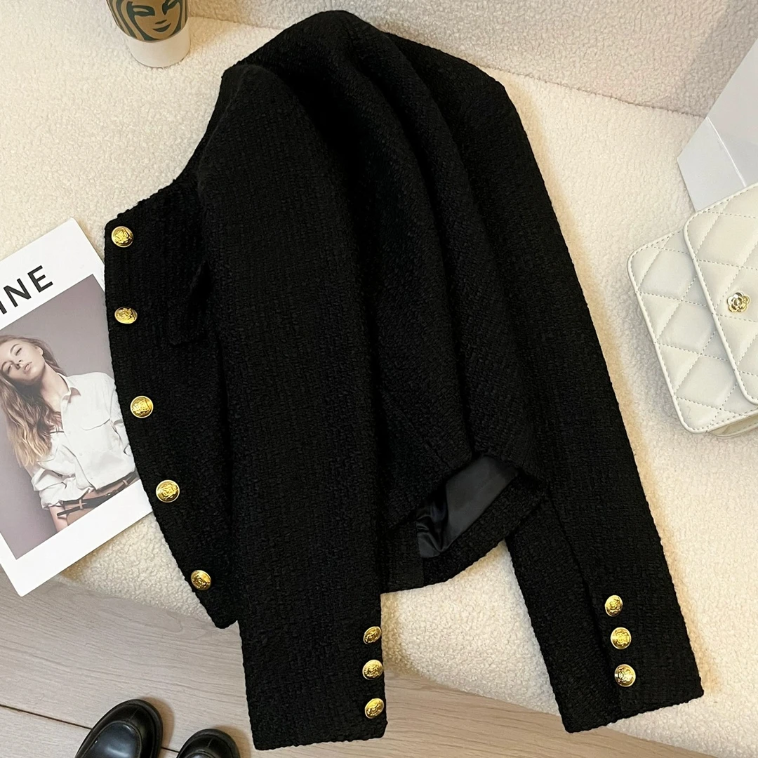 秋冬季新款黑色小香风短款外套女小个子气质粗花呢高级感保暖上衣