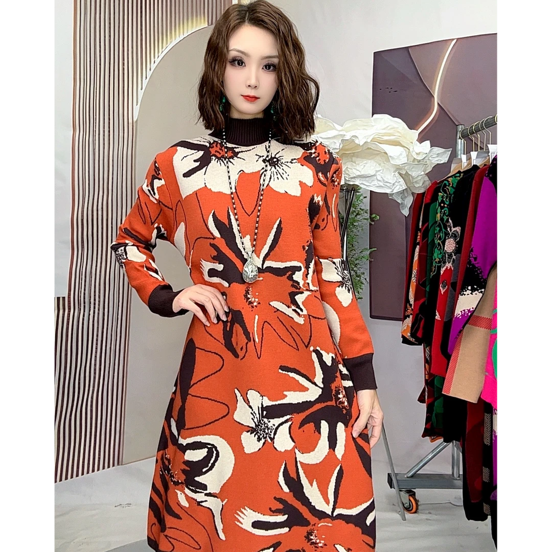 247号2024温柔气质淑女秋冬羊毛连衣裙中年红色大码洋气减长裙