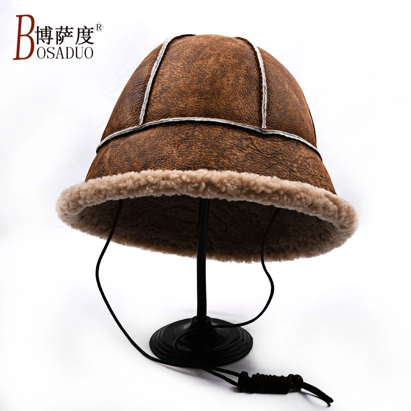 秋冬季皮毛一体帽子女羊羔毛蒙古帽真皮保暖百搭渔夫帽纯手工缝制